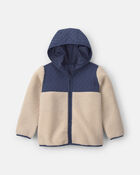 Boys Teddy Fleece Colour Block Zip-Up Hoodie - Navy Blue/Cream, image 1 of 3 slides