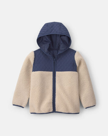 Boys Teddy Fleece Colour Block Zip-Up Hoodie - Navy Blue/Cream, 