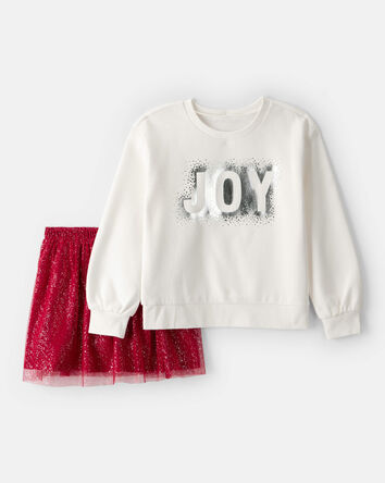Girls Christmas 2-Piece Joy Long-Sleeve Top & Skirt Set - White, 