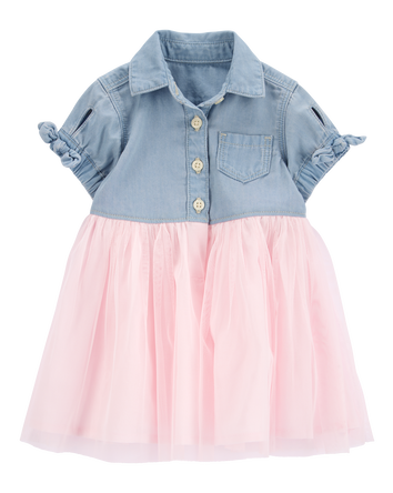 Baby Denim Shirt Dress With Tulle Skirt, 