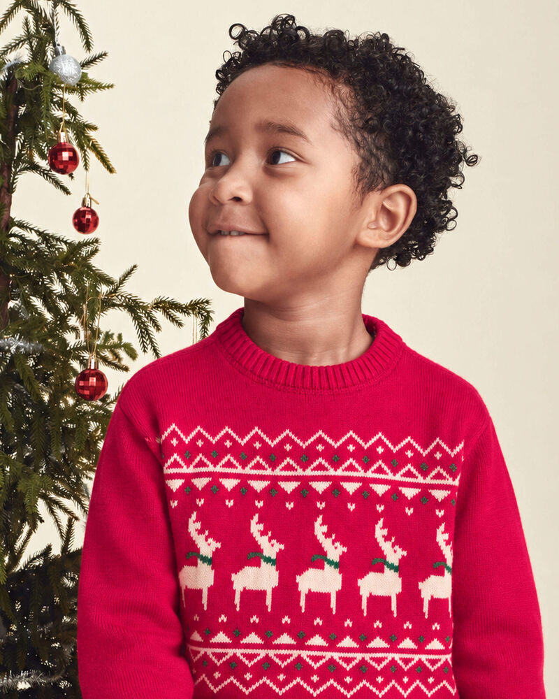 Kids Reindeer Fair Isle Sweater - Red, image 2 of 4 slides