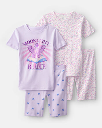 Girls Butterfly Floral 100% Cotton Short-Sleeve Snug Fit 4-Piece pyjama Set - Purple, 