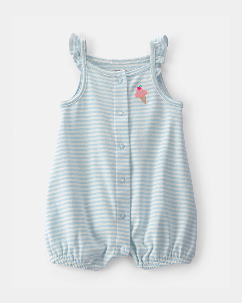 B&eacute;b&eacute; fille - Barboteuse &agrave; rayures &agrave; motif cr&egrave;me glac&eacute;e - Bleu/Blanc, image 1 sur 2 diapositives