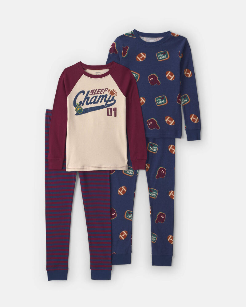 Boys 4-Piece 'Sleep Champs 01' 100% Cotton Snug Fit Pyjama Set - Burgundy/Cream, image 1 of 5 slides
