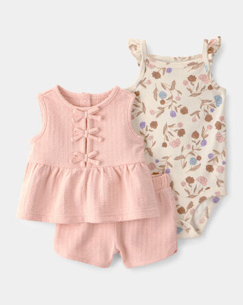 Baby Girl 3-Piece Striped Top & Short Set - Pink, 