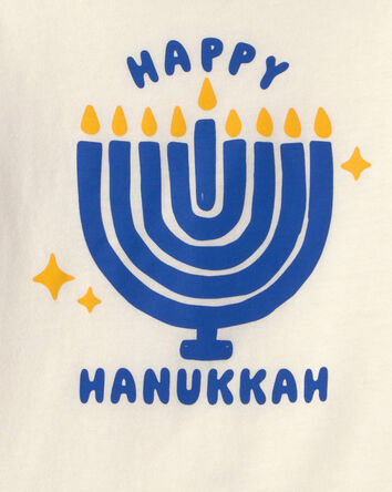 Toddler 'Happy Hanukkah' Menorah Long-Sleeve Graphic Tee - Cream/Blue/Gold, 