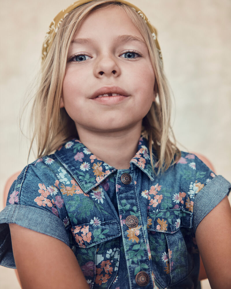 Girls Floral Denim Short-Sleeve Jumpsuit - Dark Wash, image 4 of 7 slides