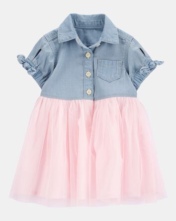 Baby Denim Shirt Dress With Tulle Skirt, 