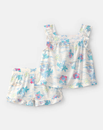 Toddler Girl Tropical Beach Sleeveless Loose Fit 2-Piece Pyjama Set - Ivory/Green, 