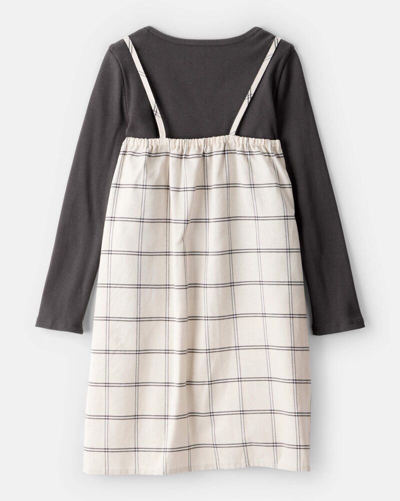 Girls 2-Piece Plaid Long-Sleeve Dress Set - White, image 2 of 6 slides