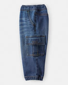 Baby Boy Pull-On Denim Cargo Joggers - Medium Wash, image 3 of 5 slides