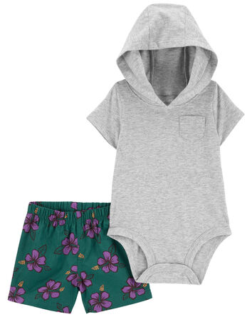 2-Piece Hooded Bodysuit & Floral Short Set, 