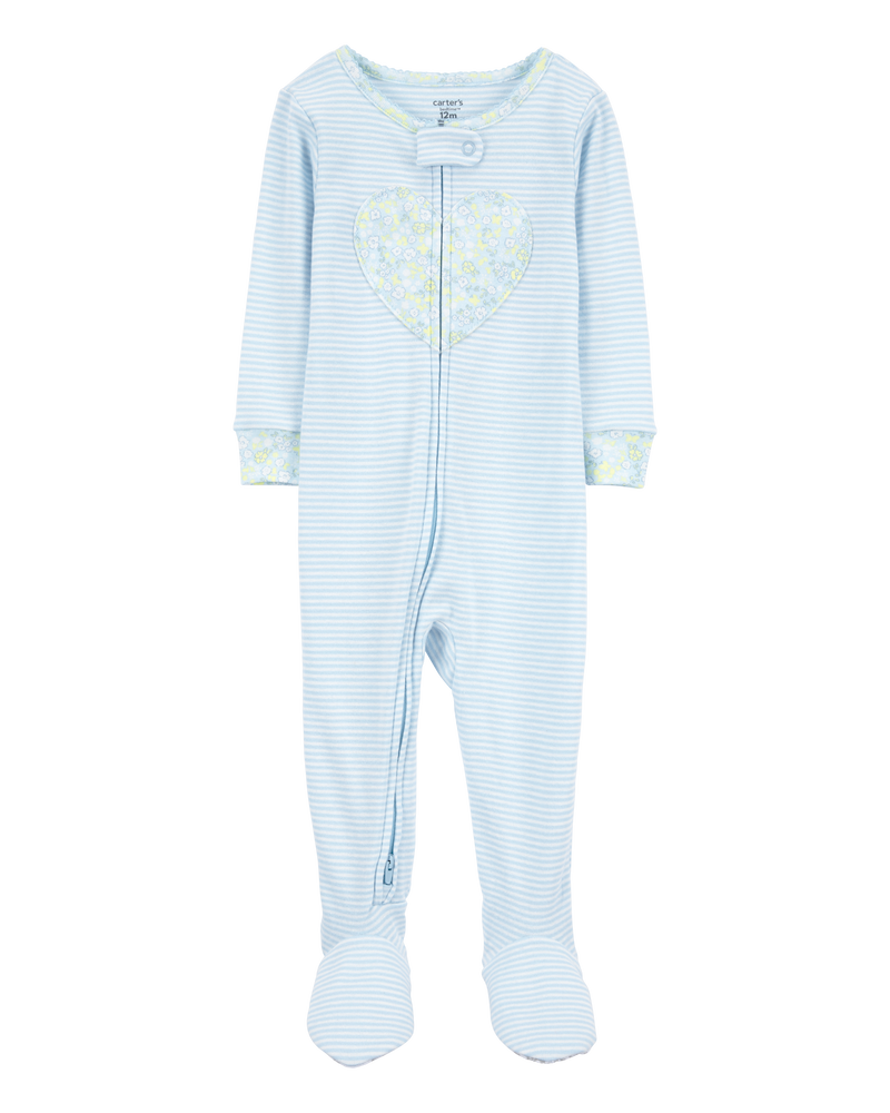 Bébé fille - Pyjama 1 pièce à pieds en coton ajusté à rayures et cœurs - Bleu, image 1 sur 4 diapositives