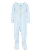 Bébé fille - Pyjama 1 pièce à pieds en coton ajusté à rayures et cœurs - Bleu, image 1 sur 4 diapositives
