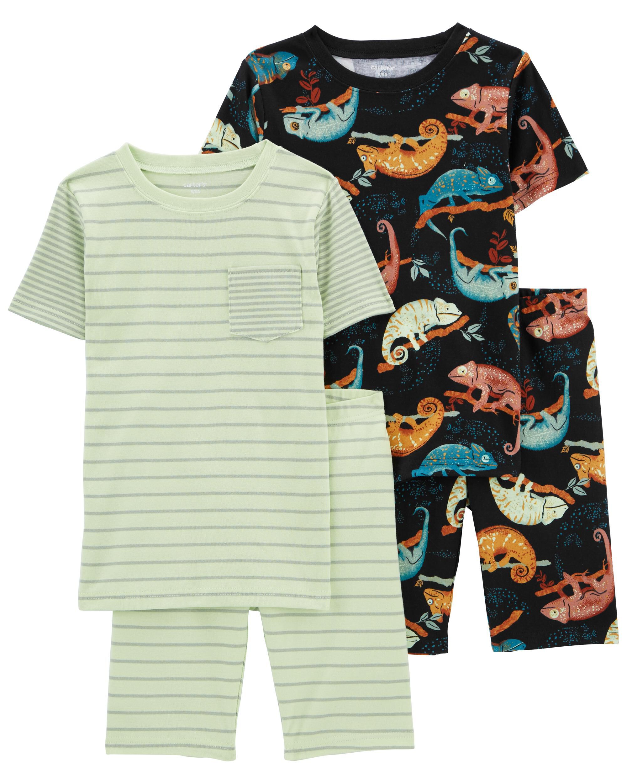 2 Pack 4 Piece Pyjama Green Chameleon Tops and Shorts Set