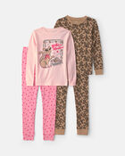 Girls 4-Piece 'Sassy Cat' Leopard 100% Cotton Snug Fit Pyjama Set - Pink/Brown, image 1 of 6 slides