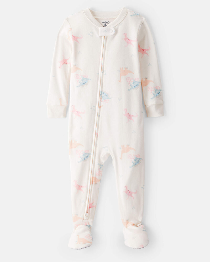Baby Girl Dinosaur Print 100% Cotton Long-Sleeve 2-Way Zip 1-Piece Pyjamas - White, image 1 of 4 slides