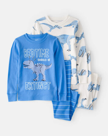 Tout-petit garçon - Pyjama à manches longues 4 pièces en coton 100 % imprimé dinosaure - Blanc/Bleu, 