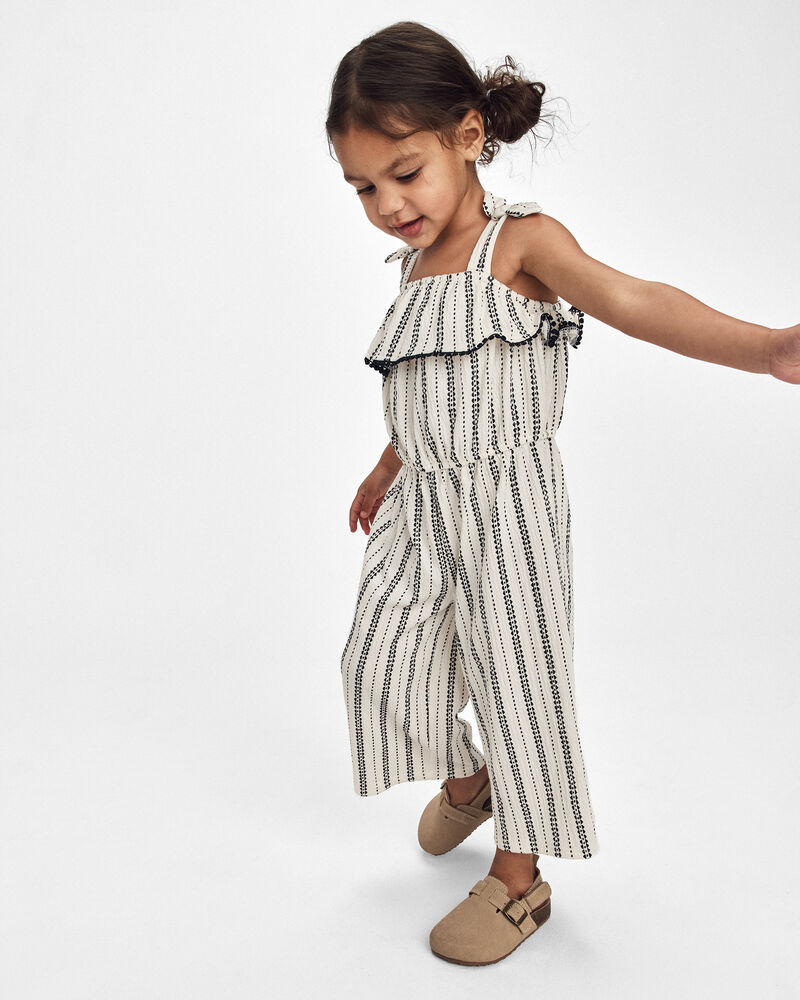 Toddler Girl Striped Ruffle Jumpsuit - Cream, image 2 of 7 slides