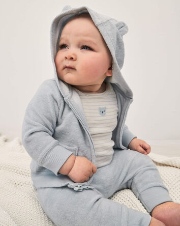 B&eacute;b&eacute; - Ensemble 3 pi&egrave;ces &agrave; superposer, haut &agrave; manches courtes en tissu &eacute;ponge &agrave; motif ourson - Bleu, 