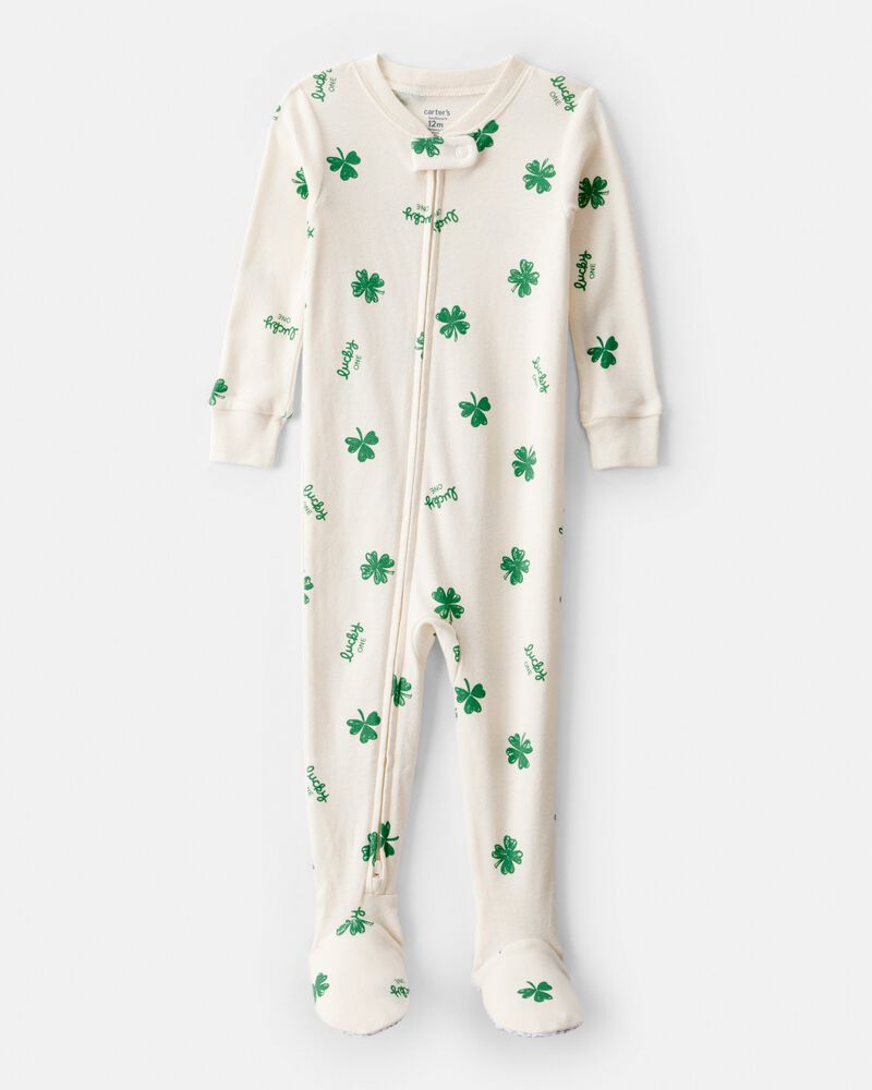 Baby St. Patrick's Day 100% Cotton Loose Fit 2-Way Zip Footie 1-Piece Pyjamas - Ivory, image 1 of 4 slides