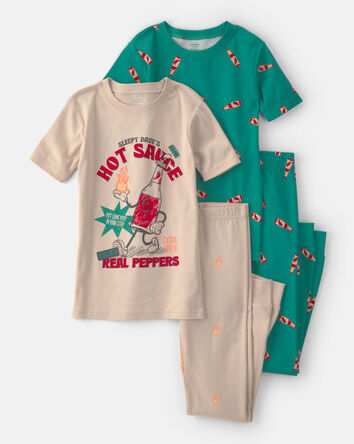 Boys Hot Sauce 100% Cotton Snug Fit 4-Piece Pyjama Set - Tan/Green, 