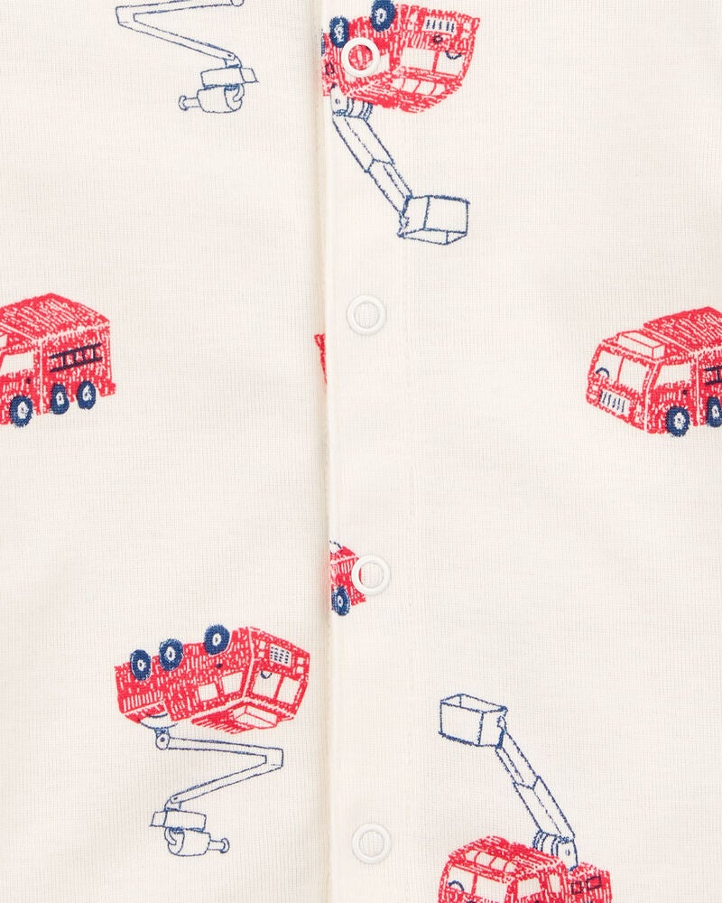 Baby Fire Truck Short-Sleeve Romper - Blue, image 2 of 3 slides