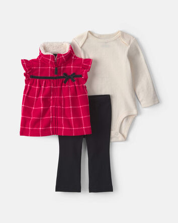 B&eacute;b&eacute; fille - Ensemble 3 pi&egrave;ces &agrave; superposer en molleton &agrave; carreaux - Rouge/Noir/Cr&egrave;me, 