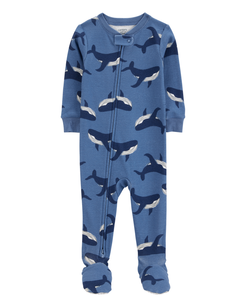 Baby Boy Whale Print Snug Fit Cotton Footie 1-Piece Pyjamas - Navy, image 1 of 4 slides