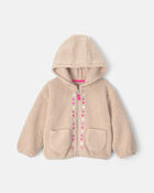 Toddler Girl Flower Teddy Fleece Zip-Up Hoodie - Cream, image 1 of 3 slides