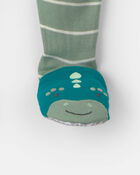 B&eacute;b&eacute; gar&ccedil;on - Pyjama ajust&eacute; 1 pi&egrave;ce en 100&nbsp;% coton &agrave; fermeture &agrave; glissi&egrave;re double sens et pieds &agrave; motif rayures et dinosaure &ndash; Vert, image 4 sur 5 diapositives