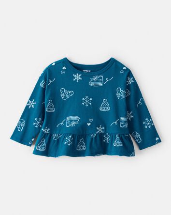 Baby Girl Winter Print Long-Sleeve Peplum Top - Blue, 