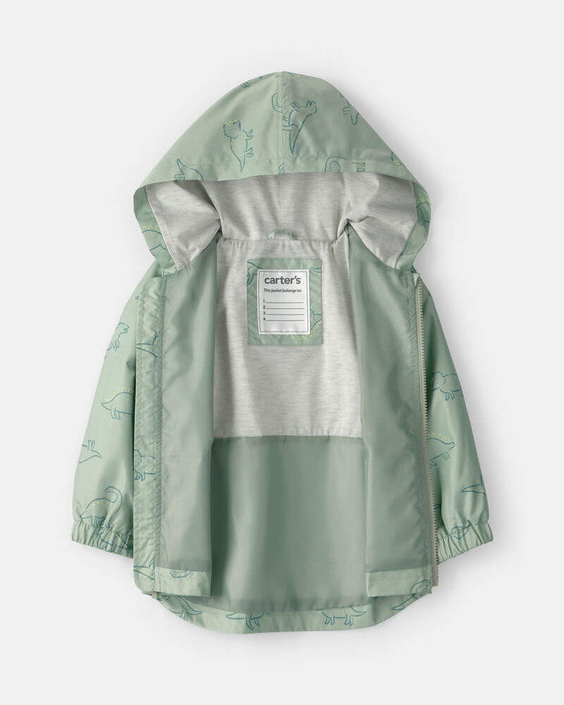 Toddler Boy Dinosaur Print Rain Jacket- Green , image 2 of 3 slides