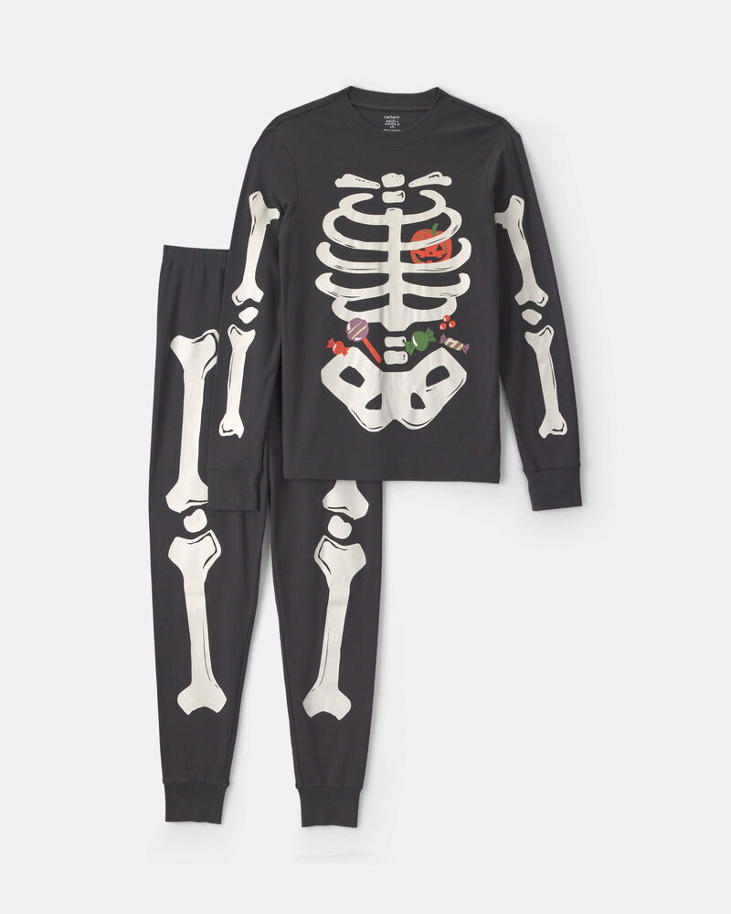 Adult 2-Piece Halloween Skeleton 100% Cotton Snug Fit Pyjama Set - Black, image 1 of 4 slides