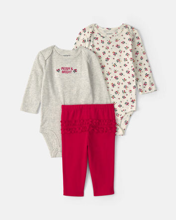 Baby Girl 3-Piece Floral Long-Sleeve Bodysuit & Pant Set - Red/Grey, 