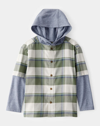 Kid 2-Piece Layered-Look Button-Down Hooded Tee, 