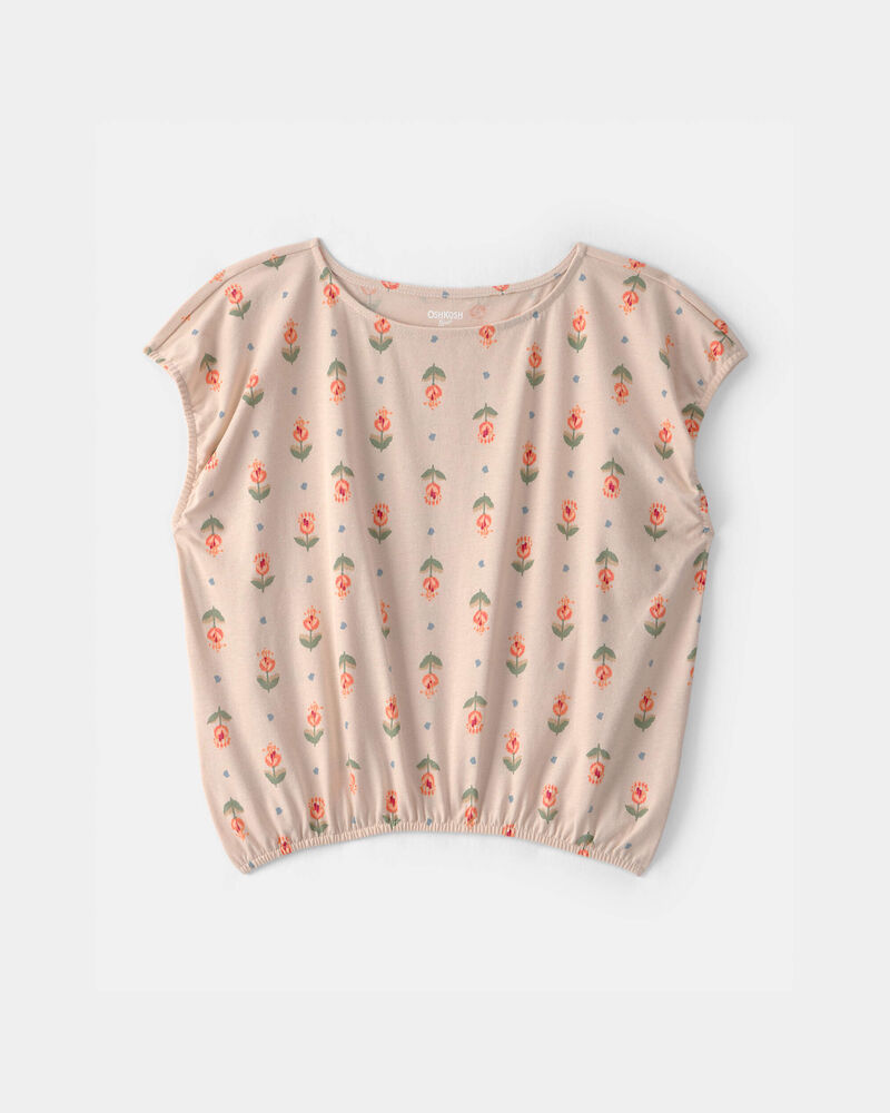 Girls Floral Short-Sleeve Top - Tan, image 1 of 3 slides