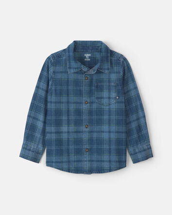 Boys Plaid Long-Sleeve Button-Down Shirt - Navy Blue, 