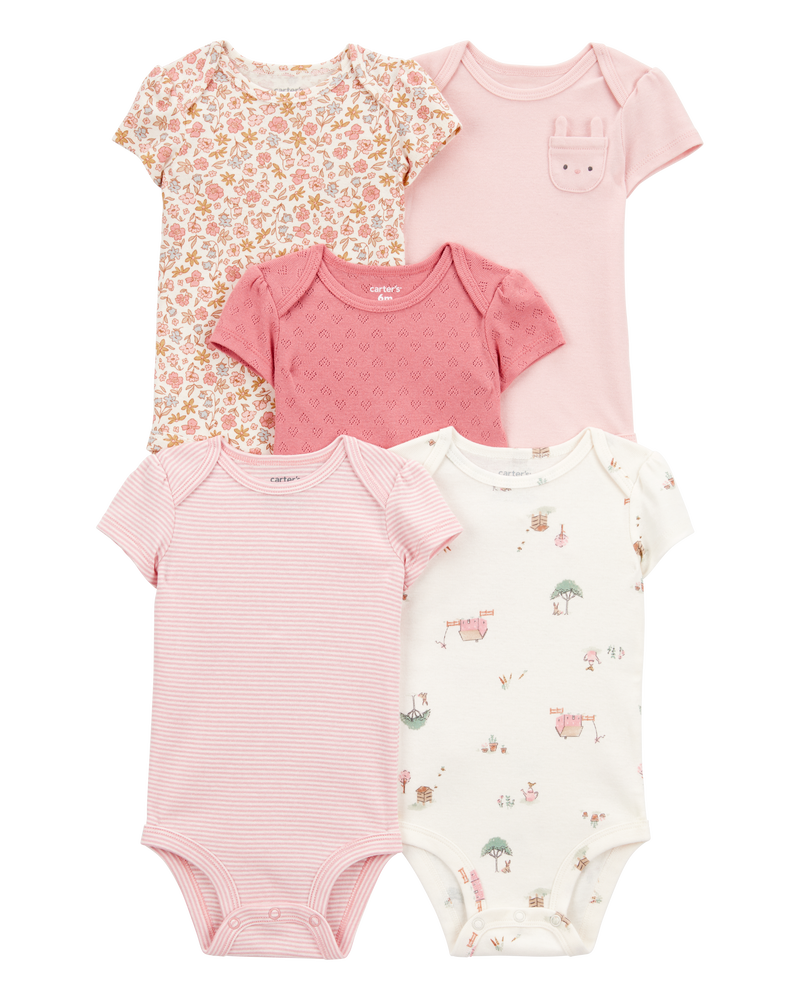 Baby Girl 5-Pack Floral Bunny Short-Sleeve Cotton Bodysuits, image 1 of 8 slides