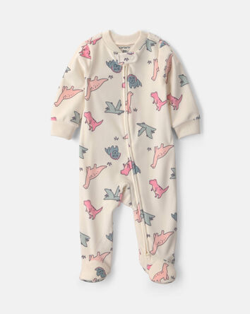 Baby Girl Dinosaur Fleece 2-Way Zip Sleeper - Cream, 