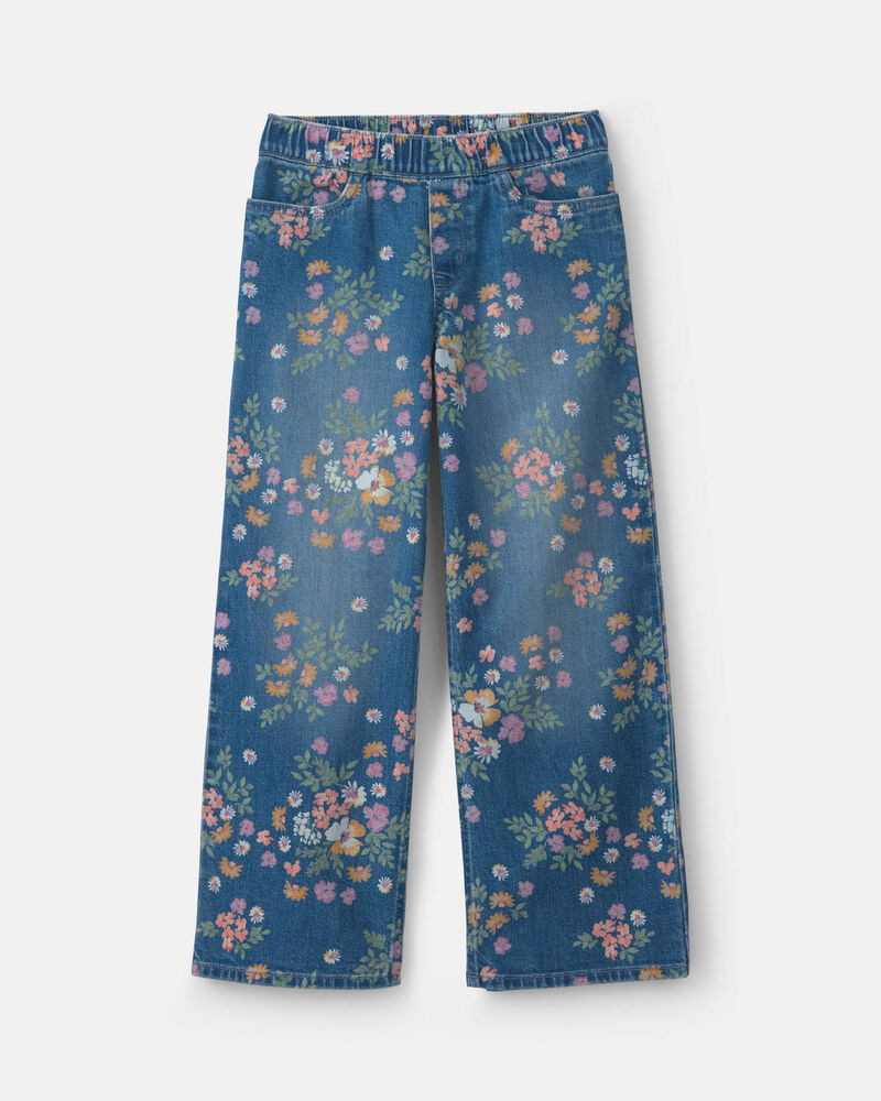 Girls Floral Denim Wide-Leg Jeans - Medium Wash, image 1 of 5 slides