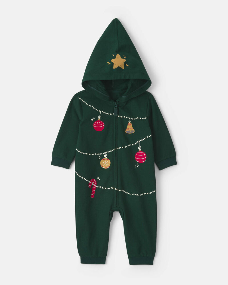 Baby Christmas Tree French Terry Long-Sleeve Jumpsuit - Green, image 1 of 4 slides