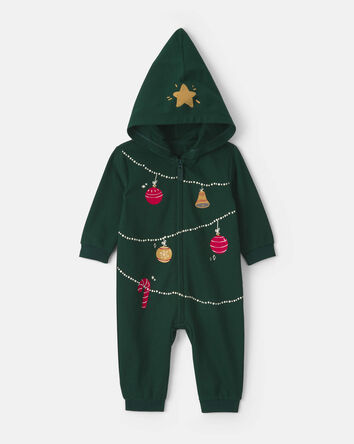 Baby Christmas Tree French Terry Long-Sleeve Jumpsuit - Green, 