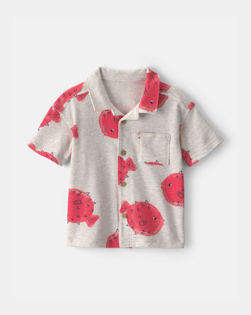 Toddler Boy Pufferfish Short-Sleeve Button-Down Shirt - Grey/Red, 