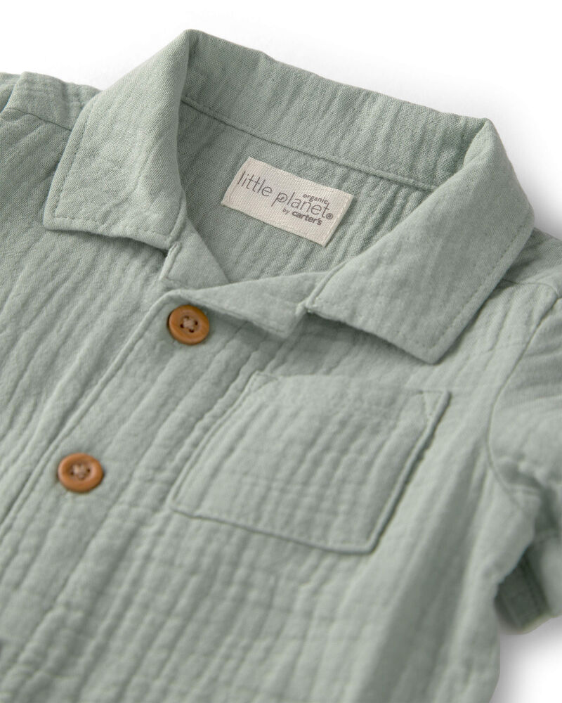 Baby Boy Organic Cotton Gauze Romper in Meadow Green, image 3 of 5 slides