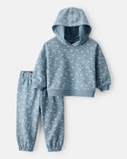 Baby Girl 2-Piece Bow Print Cotton Long-Sleeve Hoodie & Pant Set - Blue, image 1 of 3 slides