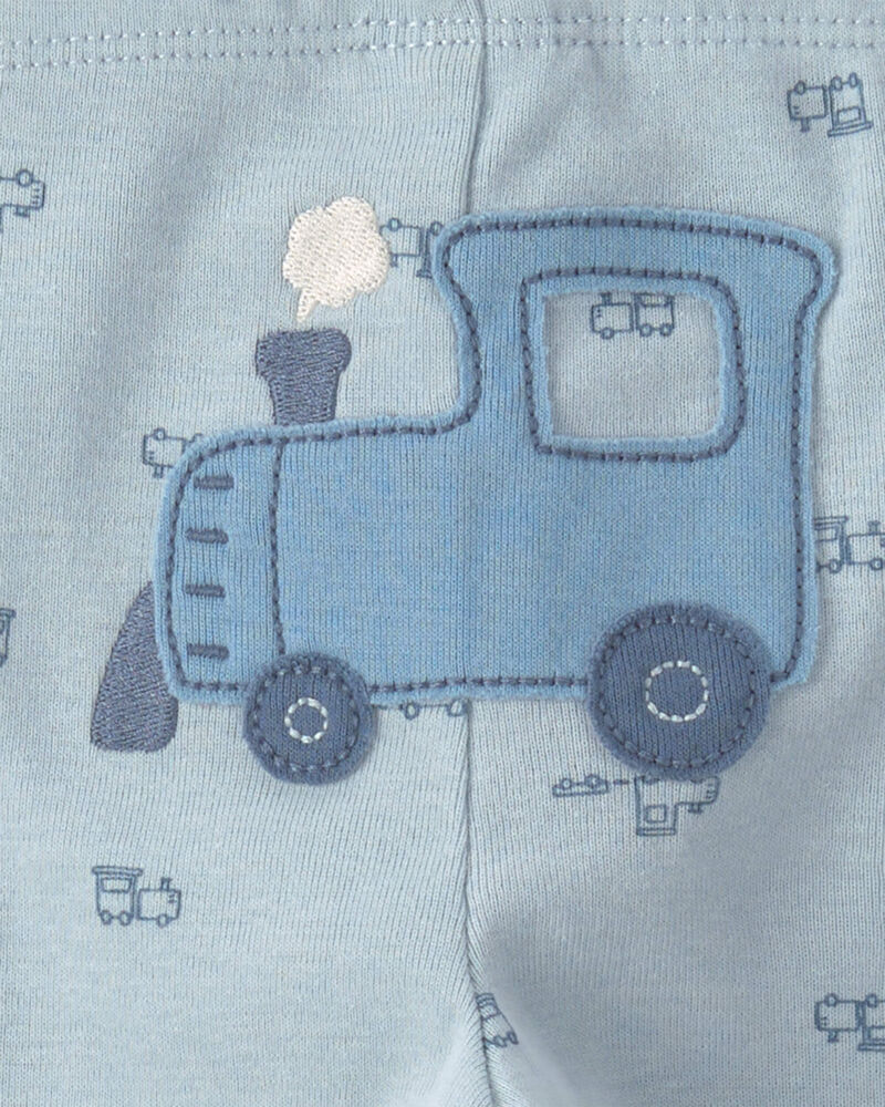 B&eacute;b&eacute; gar&ccedil;on - Ensemble 3 pi&egrave;ces cache-couches manches longues et pantalon &agrave; motif train &ndash; Bleu/Cr&egrave;me, image 5 sur 5 diapositives