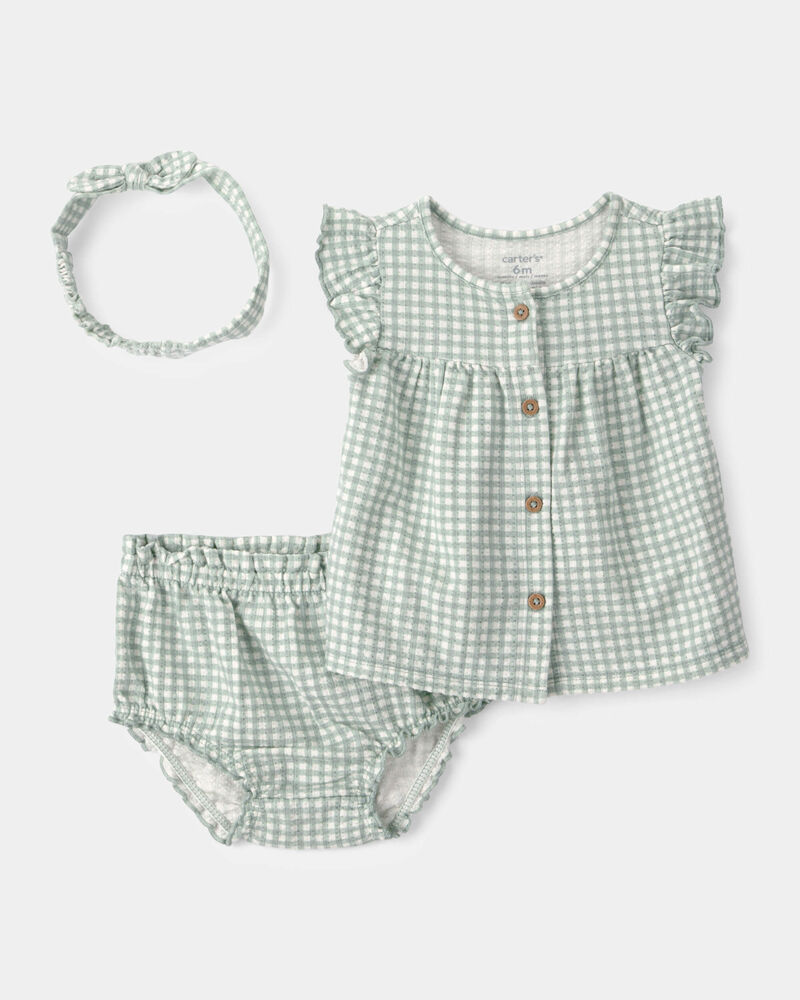 Baby Girl 3-Piece Gingham Top & Short Set - Green, image 1 of 3 slides