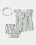 Baby Girl 3-Piece Gingham Top & Short Set - Green, image 1 of 3 slides