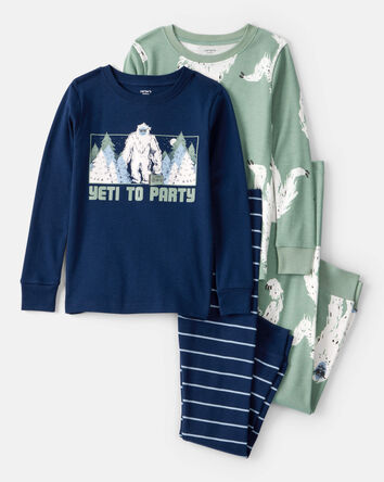 Boys Yeti Print 100% Cotton Long-Sleeve Snug Fit 4-Piece Pyjamas - Green/Navy, 